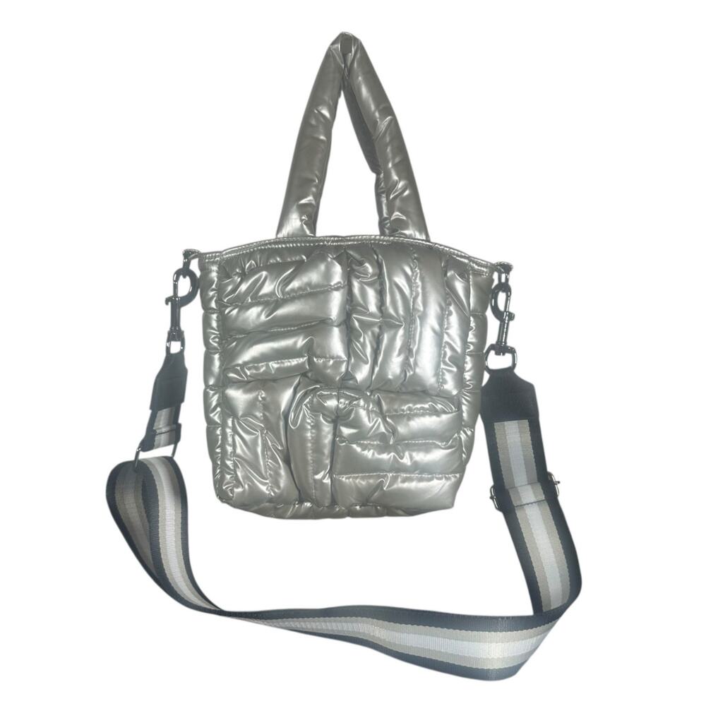 Think Royln Small Tote Pearl Gray Quilted Bag with Crossbody Strap Silver Nylon